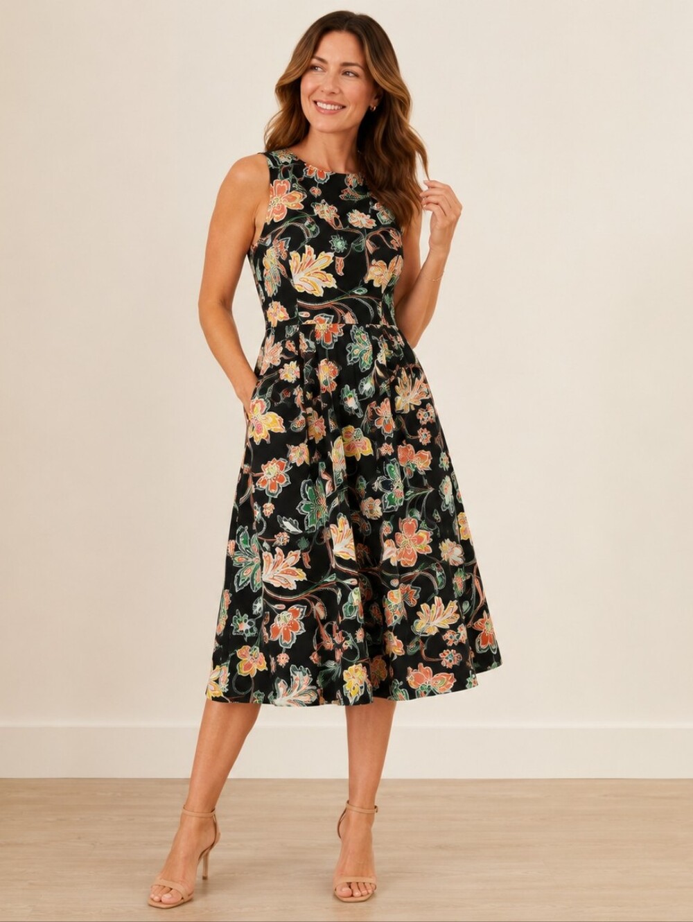 Hobbs London Emilie Floral Cotton Midi Dress Women's US 12 Black Multicolor NWT